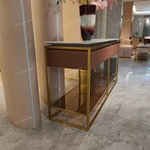 White Marble Console Table with Ribbed Rose Leather Drawers and Gold-Tone Frame
